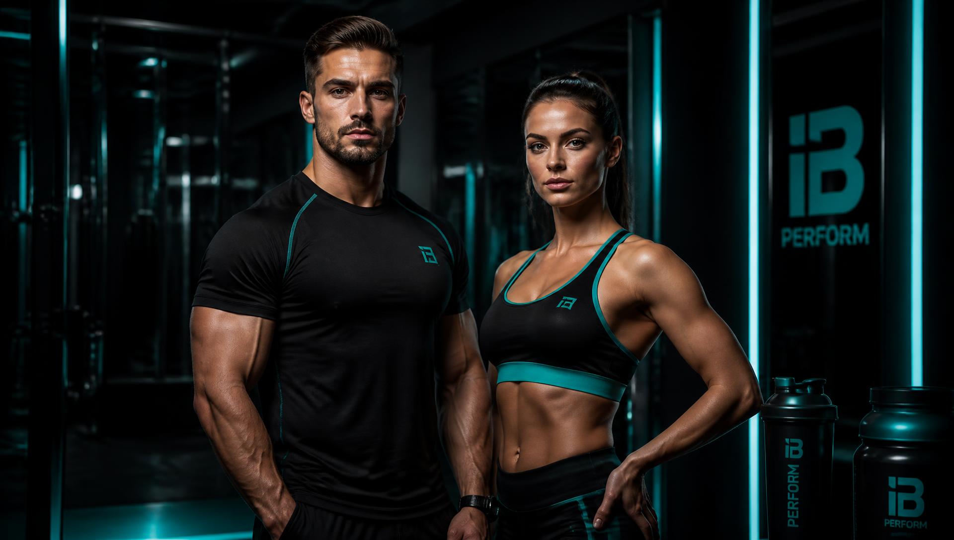 Pareja atlética en un gimnasio moderno con iluminación dramática